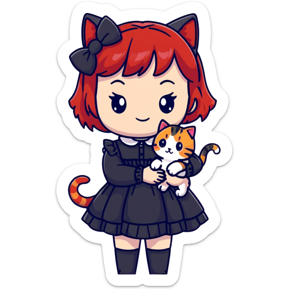 Girl with black and red-tipped hair in black Lolita dress with tabby cat sticker