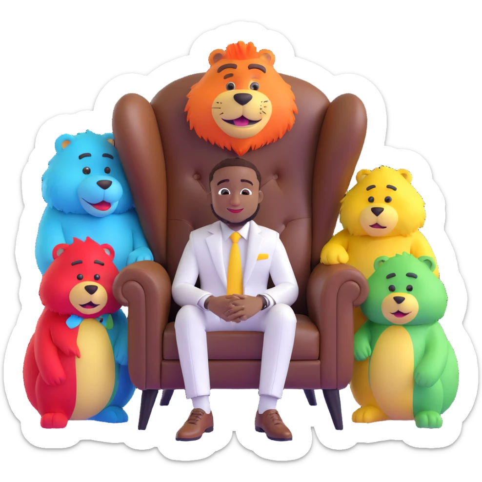 cartoon emoji of Davido sitting in a brown leather chair, wearing a white suit, with a desert background and four colorful furry characters (green, red, blue, yellow) behind him, inspired by the 'WITH YOU' album cover, confident and expressive sticker