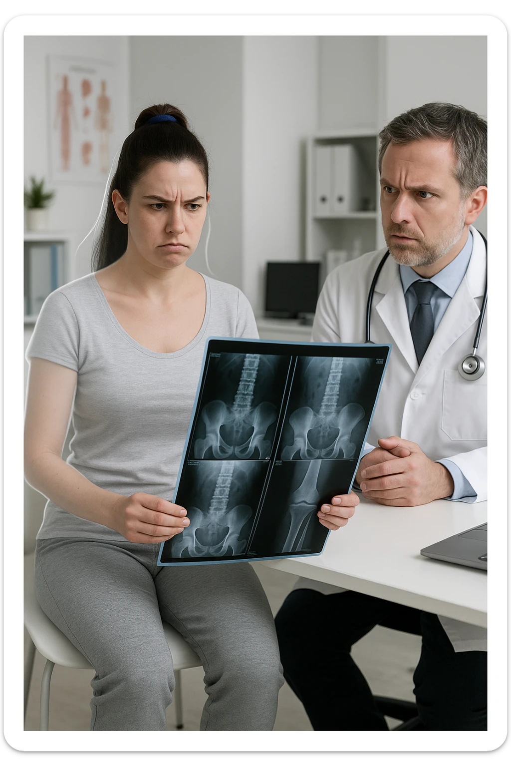 a person sits in a doctor’s office, holding medical imaging results (like X-rays or MRI scans) that appear normal. However, a subtle shadow or ghosted outline around their body reveals postural asymmetries—such as uneven shoulders or hips—that are not visible in the scans. The doctor looks puzzled, while the patient appears frustrated. sticker