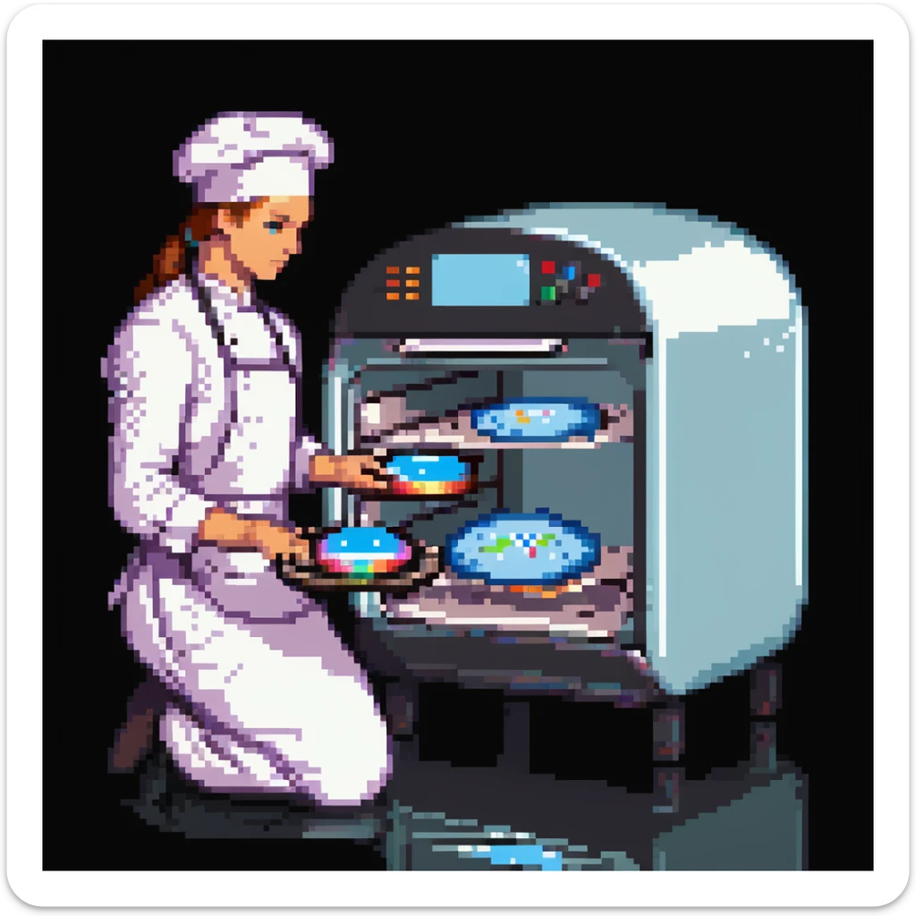 Ein futuristischer Bäcker mit holografischen Zutaten, Laserpräzision und einem Ofen, der mit Lichtstrahlen arbeitet. Interface wirkt wie Glas mit Lichtreflexen, Buttons wie Touchpads mit haptischem Feedback. sticker