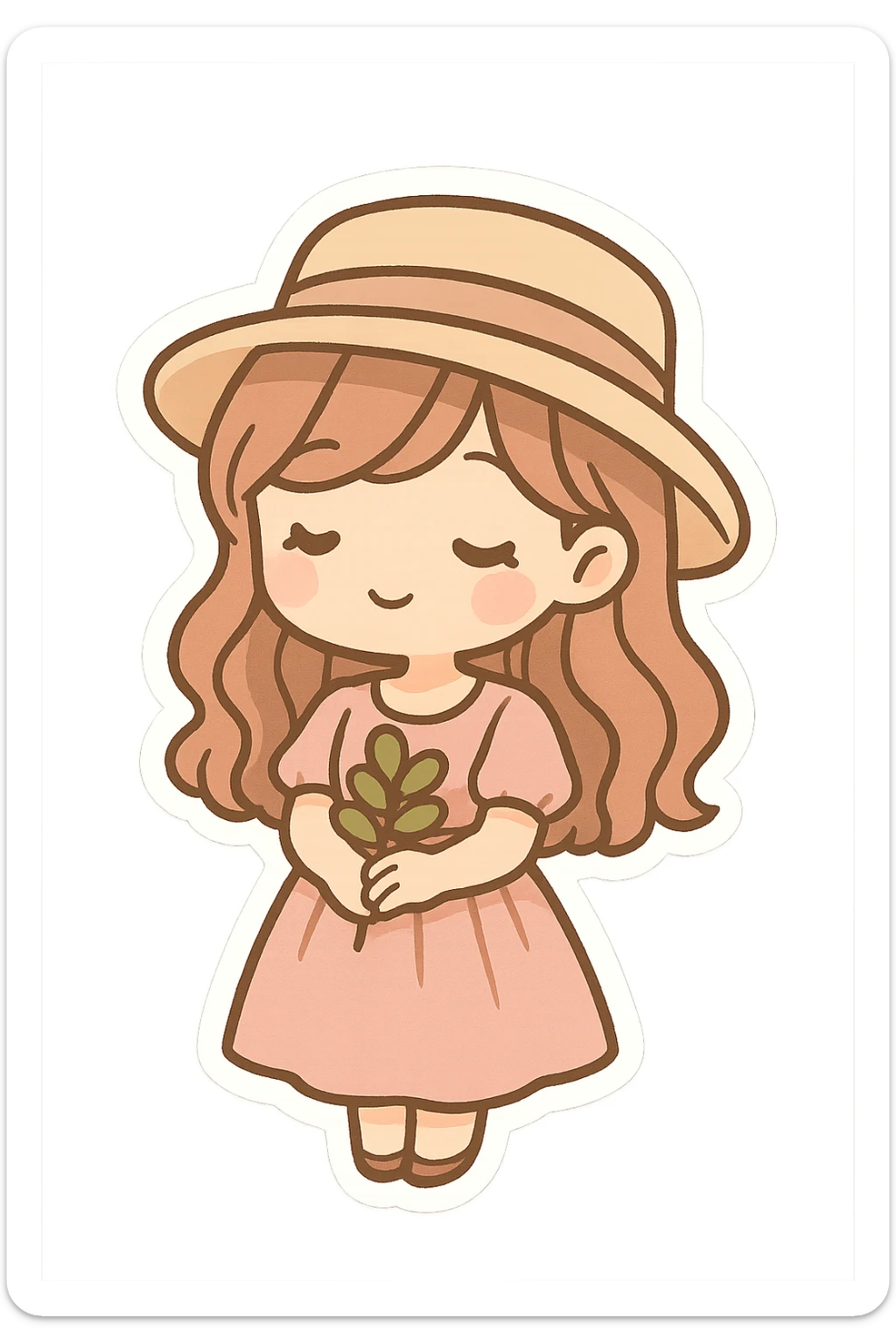 A cute and minimalist sticker of a girl with a beige hat, elegant and girly mood, color palette includes pink, beige, and green. sticker