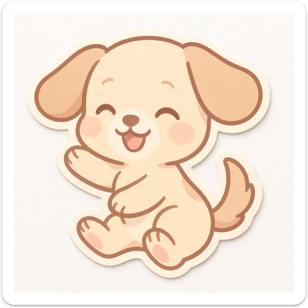 chibi sticker of a smiling dog with floppy ears, playful pose, pastel colors, white background sticker