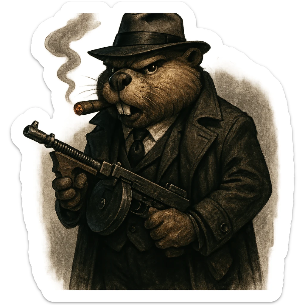 realistic cartoon of a tough beaver in 1920s gangster attire: black three-piece suit, dark trench coat, white shirt, black tie, fedora hat, cigar in mouth, holding a Tommy gun, dramatic gritty noir lighting, transparent or simple background sticker