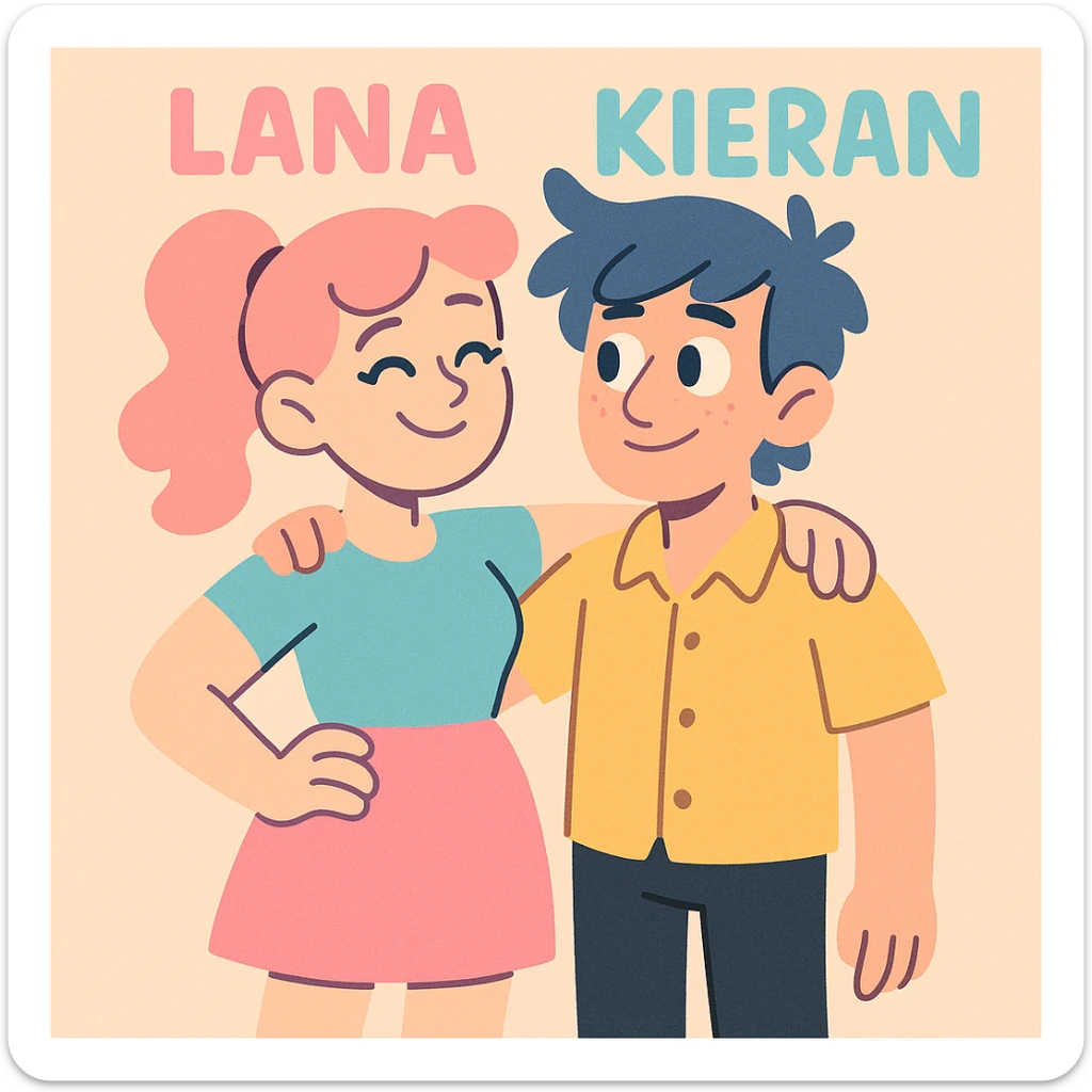 Lana and Kieran as a couple, standing together, in a soft pastel illustration style sticker