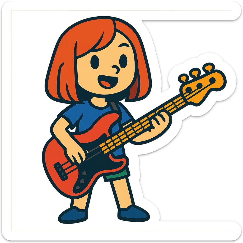 girl with red hair and red bass guitar, long bob hairstyle sticker