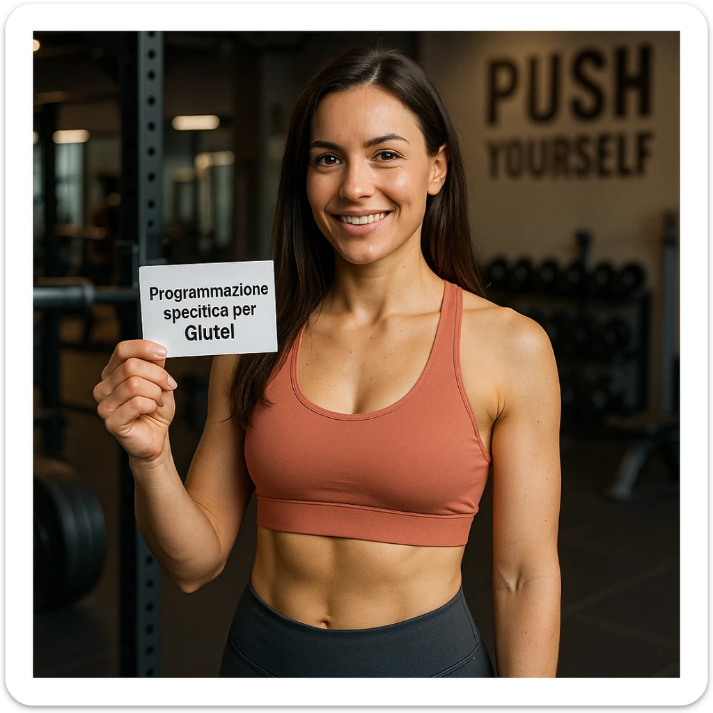 realistic image of a woman in sportswear holding a gym card with the text 'Programmazione specifica per Glutei', gym environment, motivational atmosphere, realistic details sticker