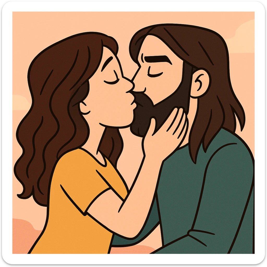 modern cartoon style of a white woman with long dark brown wavy hair kissing a white man with long hair and black beard, bright colors, simple background sticker