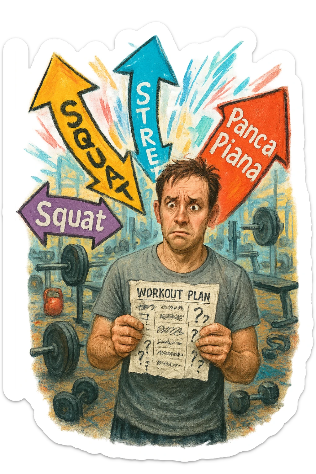 a person stands in the center of a gym, surrounded by arrows pointing in all directions, each labeled with a different exercise (e.g., “squat,” “Salti,” “stretch,” “Panca Piana”). The person looks bewildered, holding a workout plan with scribbles and question marks. The scene is colorful but visually messy, symbolizing confusion. in italiano immagine iperrealistica sticker