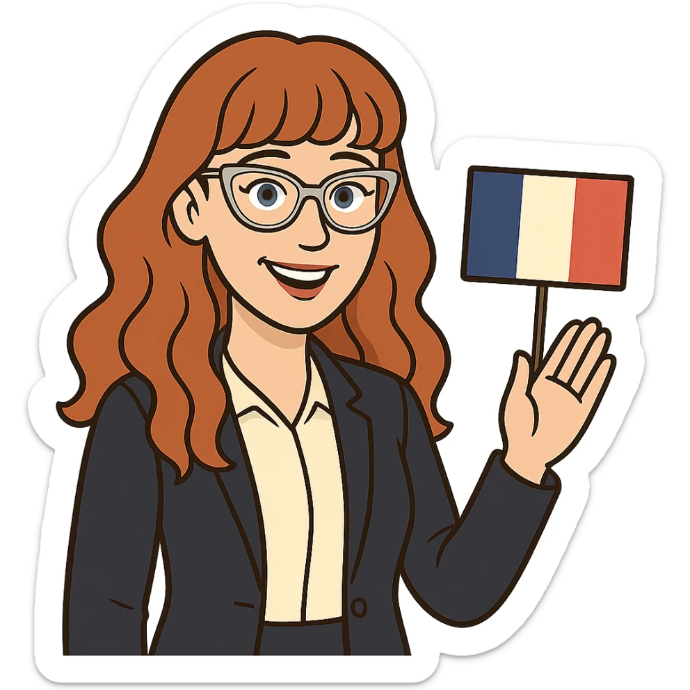 bitmoji style cartoon of a redhead woman with long wavy hair and bangs, wearing cat-eye clear-framed glasses, blue eyes, French teacher, professional and friendly sticker