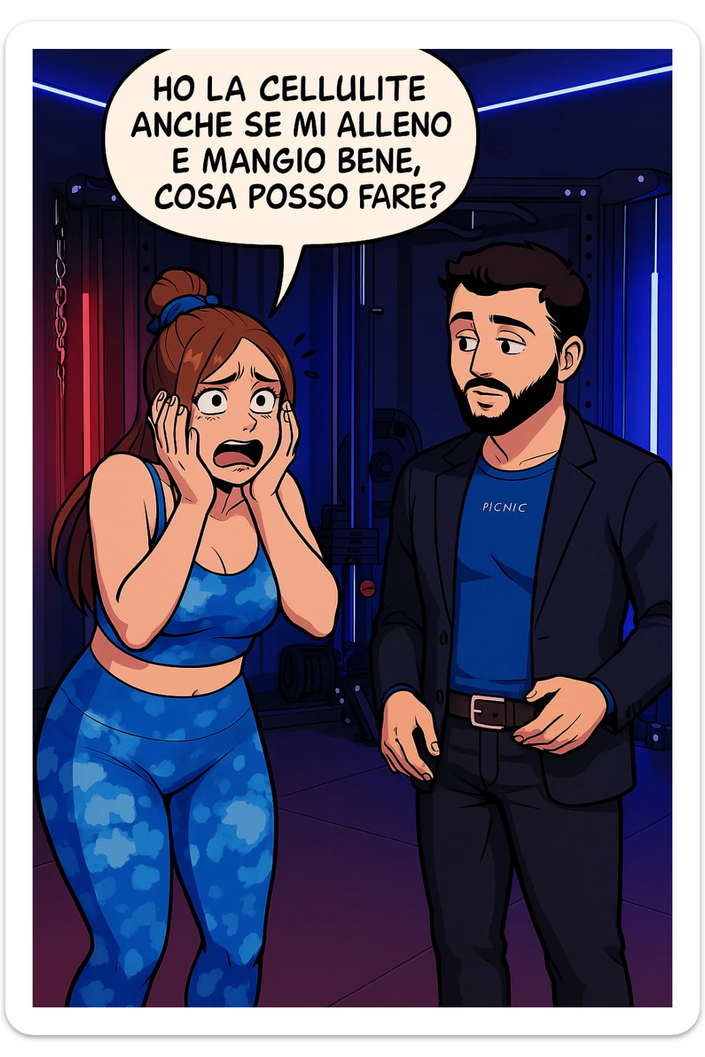 TRASFORMA QUESTO CAROSELLO IN UN FUMETTO STILE WEBTOON/MANGA A COLORI CON QUESTE DUE PERSONE IDENTICHE CHE INTERLOQUISCONO TRA LORO, LA DONNA è DISPERATA CON LE MANI SULLE GUANCE E STA DOMANDANDO TUTTA AGITATA UNA COSA ALL'UOMO:

LEI (DONNA): Ho la cellulite anche se mi alleno e mangio bene, cosa posso fare? sticker