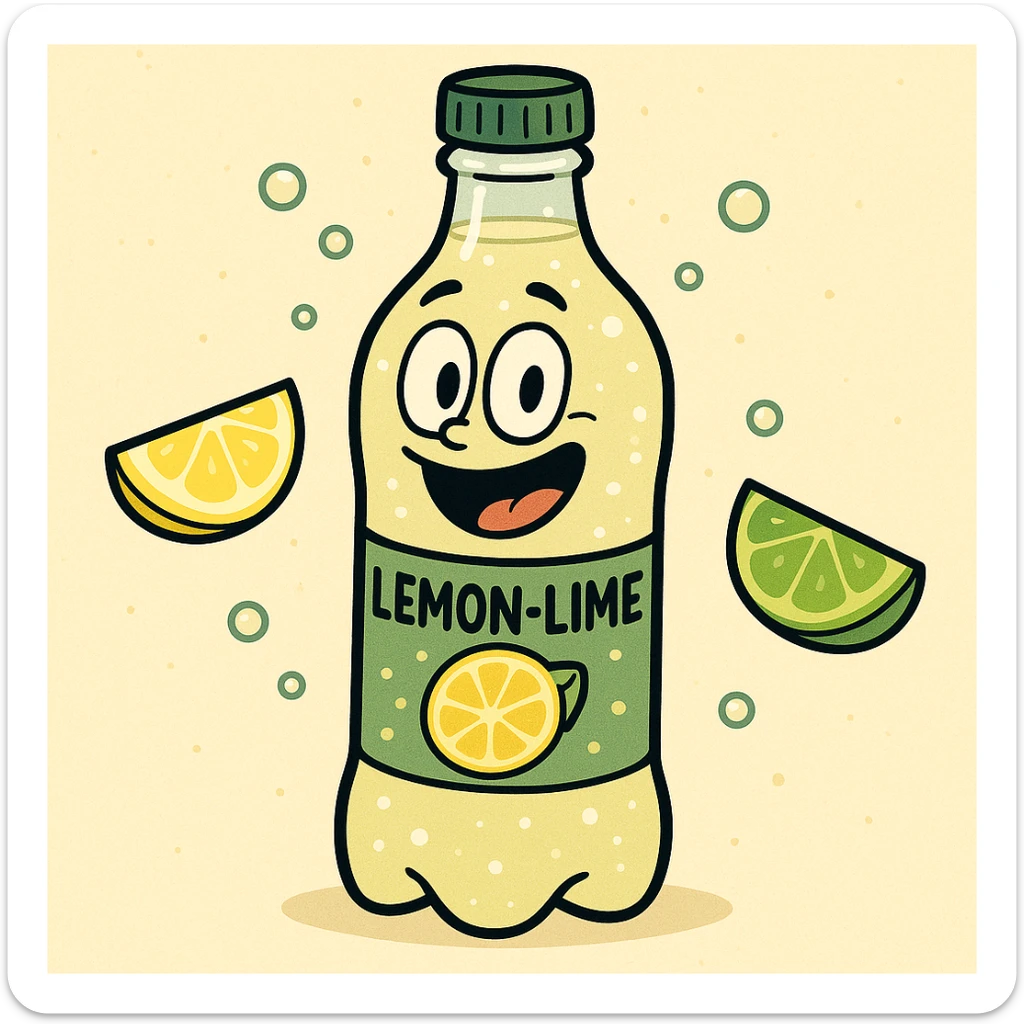 cartoon style illustration of a bottle of lemon-lime soda, with lemon and lime wedges, cool and sparkling sticker