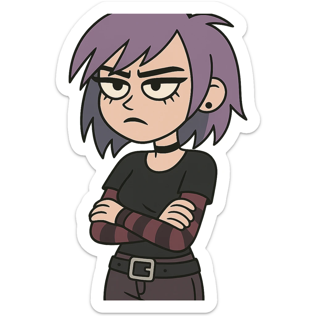 purple haired emo, stylized, bold eyeliner, alternative fashion sticker