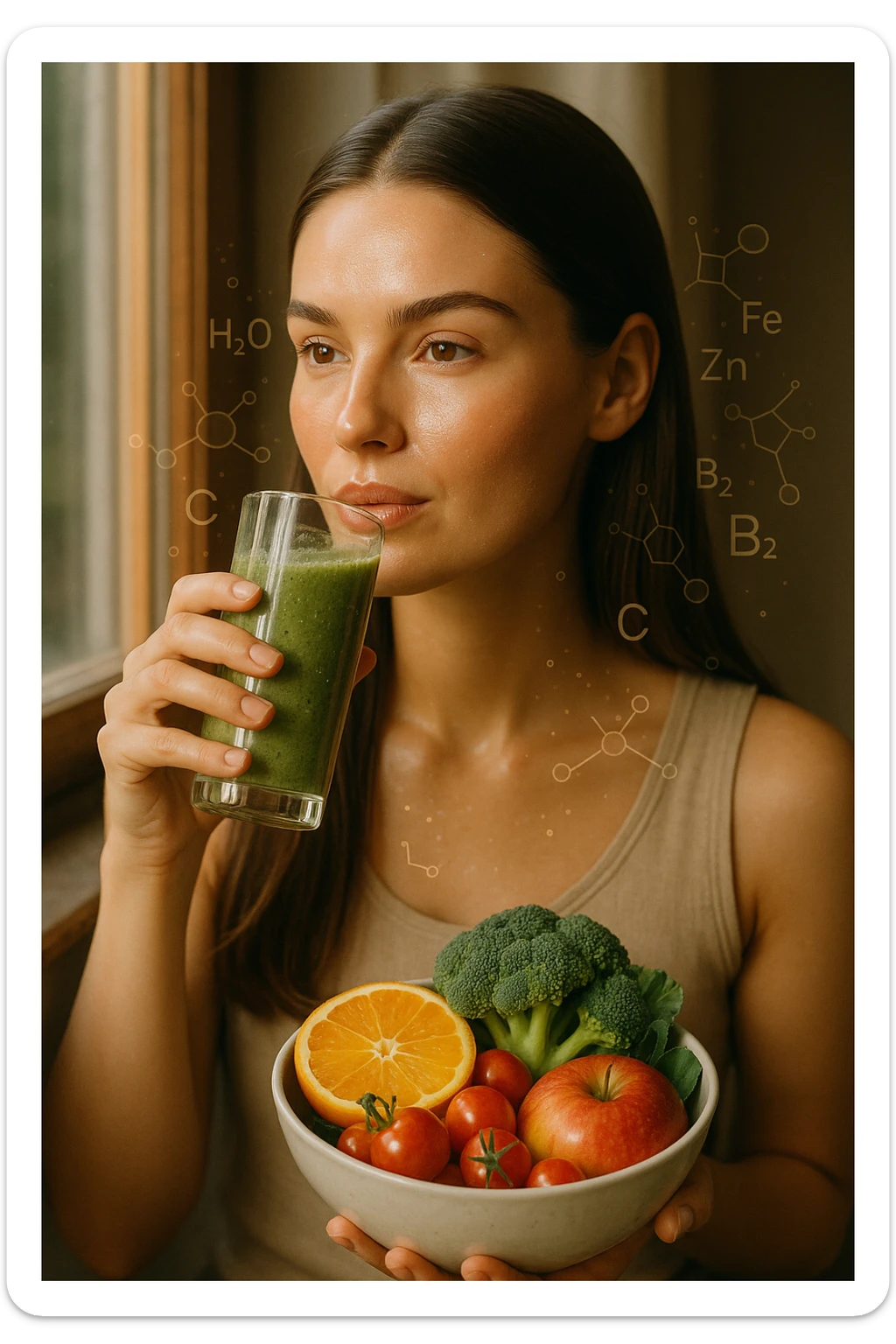 A highly realistic, cinematic portrait of a young woman in her late 20s with glowing, clear, healthy skin and a vibrant scalp with strong, shiny hair, symbolizing internal health reflecting outward. She has a calm, confident expression while sitting by a window with warm daylight softly illuminating her face, highlighting smooth, hydrated skin with a natural glow. Her hair appears clean, full, and strong, indicating a healthy scalp and balanced sebum production. She is drinking a glass of green smoothie rich in antioxidants and holding a bowl of colorful fruits and vegetables, symbolizing how internal nutrition supports skin and scalp health. Subtle, softly glowing overlays of molecular symbols for vitamins, minerals, and hydration molecules gently swirl around her, visually representing the concept of beauty and skin health from the inside out. Style: 35mm hyperrealistic film look, warm tones, soft depth of field, focusing on clear skin texture, healthy scalp, and vibrant hair to inspire holistic wellness sticker