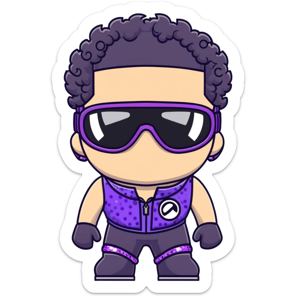 male athlete with white skin and moderately curly black hair on top with shaved sides, wearing ski goggles with purple frames and very dark black lenses, a simple plain black chain necklace, and a completely unzipped sleeveless vest with purple and black sequin fire pattern design with no logo or brand emblem, fully revealing his chest, shoulders and arms, no earrings sticker