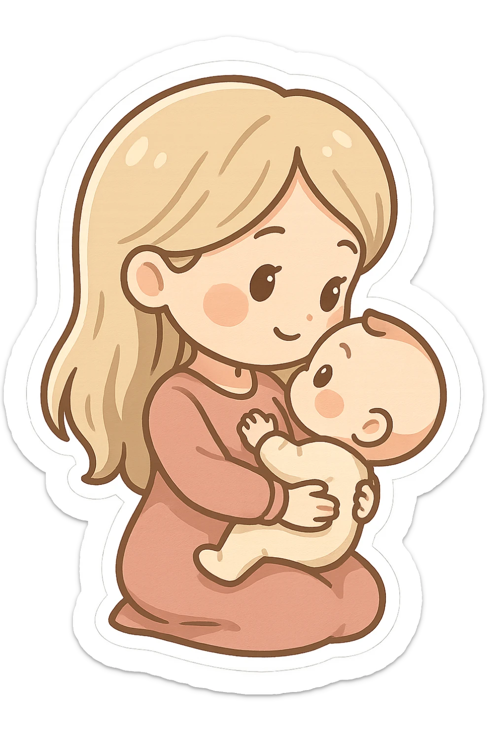 mom with long light hair holding a baby in her arms, they look at each other, side view, chibi stickers style, thin clean outlines, soft rounded shapes, pastel palette, detailed shadows and highlights, soft lighting sticker