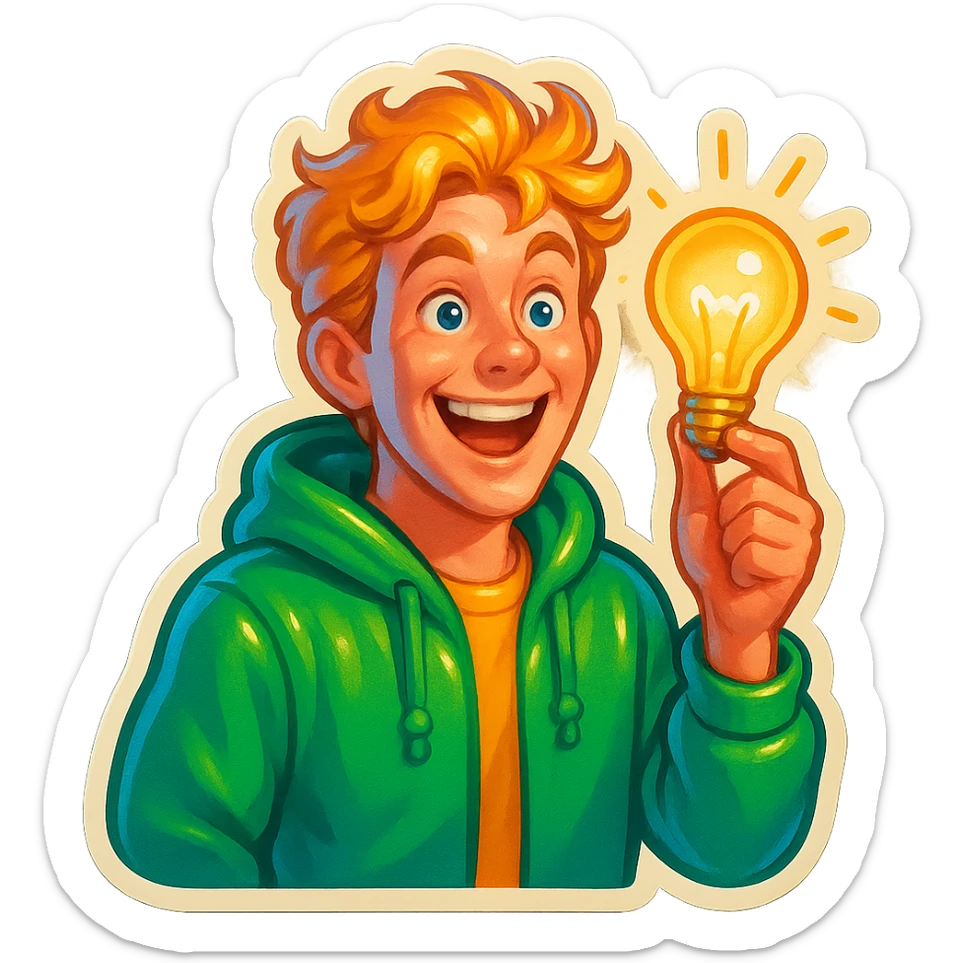bright and expressive male visionary, fair skin, tousled golden hair, wide joyful eyes, wearing a green hoodie over a yellow tee, one hand raised with a glowing lightbulb, waist-up, front-facing sticker