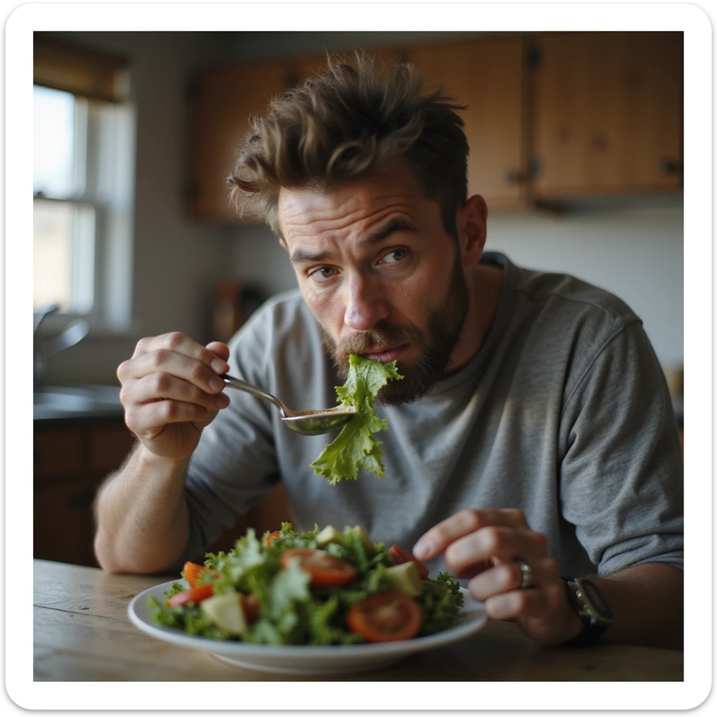 man eating a salad with a resigned expression, looking at a photo of himself younger and thinner, domestic environment, hyperrealistic details, 4K sticker