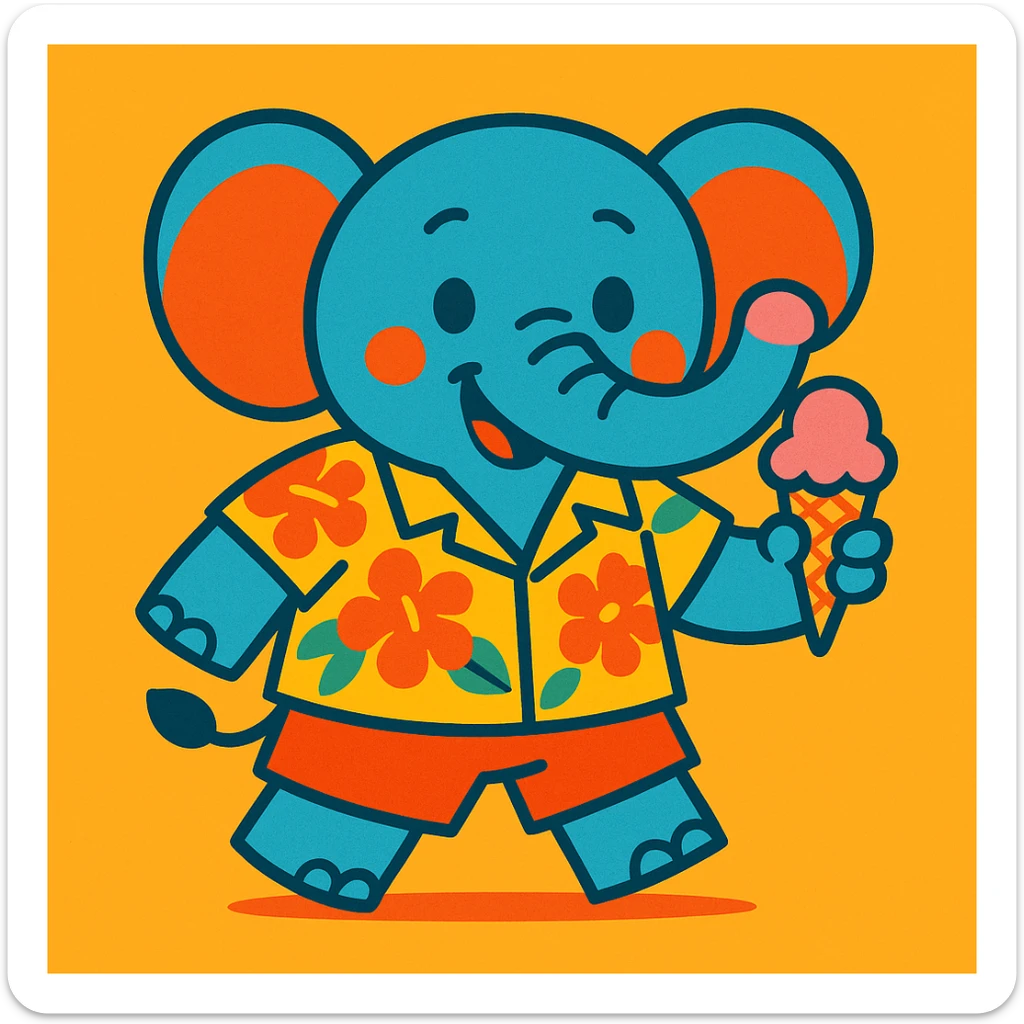 a cute elephant in a Hawaiian shirt and shorts, holding an ice cream, cheerful vibe sticker