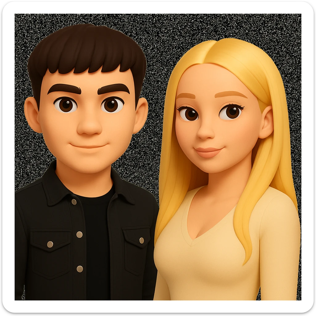 Slightly increase the volume of the upper body of the girl, separate the girl and the boy from each other, and make the skin color the same for both characters. Maintain the cartoonish 3D style in the image. sticker