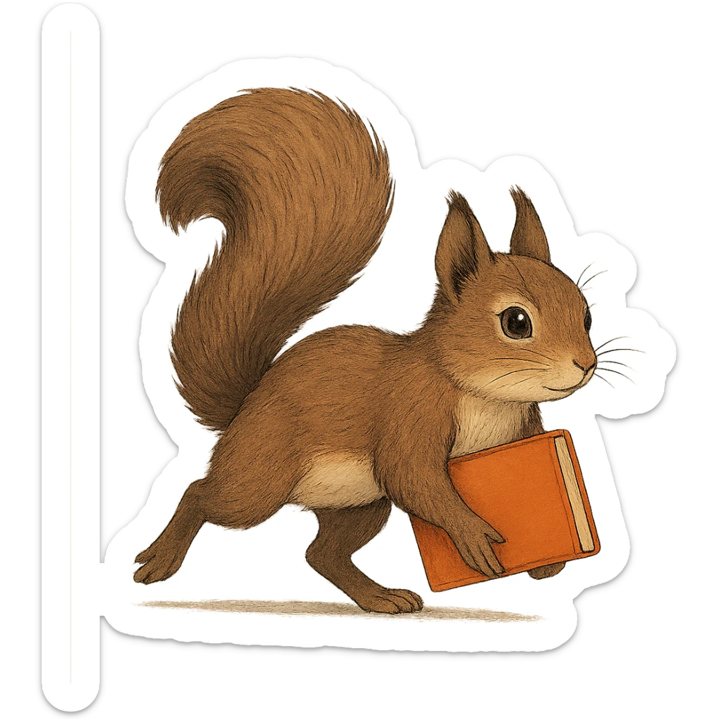 A cute brown squirrel with an orange book, studying at Siberian Federal University, running, full body, detailed fur, intelligent and beautiful sticker