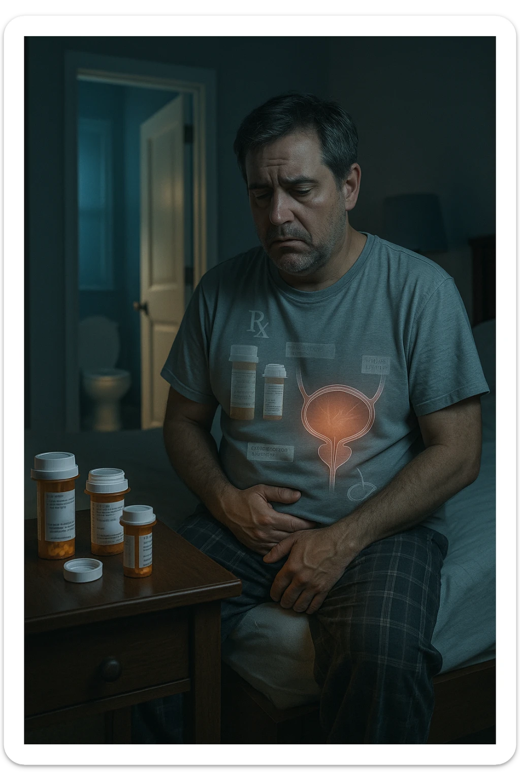 A middle-aged man sits on the edge of his bed in a dimly lit bedroom, looking exhausted and frustrated. On the nightstand beside him are several prescription pill bottles, loosely organized, some open — suggesting long-term medication use. In the background, the bathroom door glows softly, partially open, with a faint reflection of the toilet visible, indicating frequent nighttime trips. The man wears a loose T-shirt and pajama pants, his posture slightly curved as he gently touches his lower abdomen, symbolizing bladder discomfort. His eyes have dark circles, his expression is drained. The color palette is muted blues and greys, with a cinematic soft focus and ambient light highlighting emotional fatigue. A subtle overlay of pill labels and bladder imagery could be added for educational use. sticker