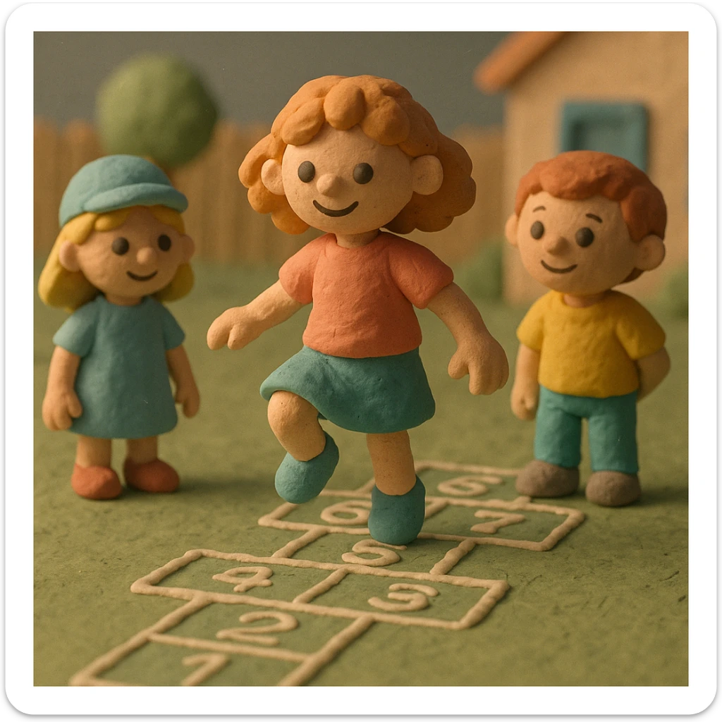 Children playing hopscotch in a yard, claymation style, pastel colors, visible fingerprints, matte plasticine texture. sticker