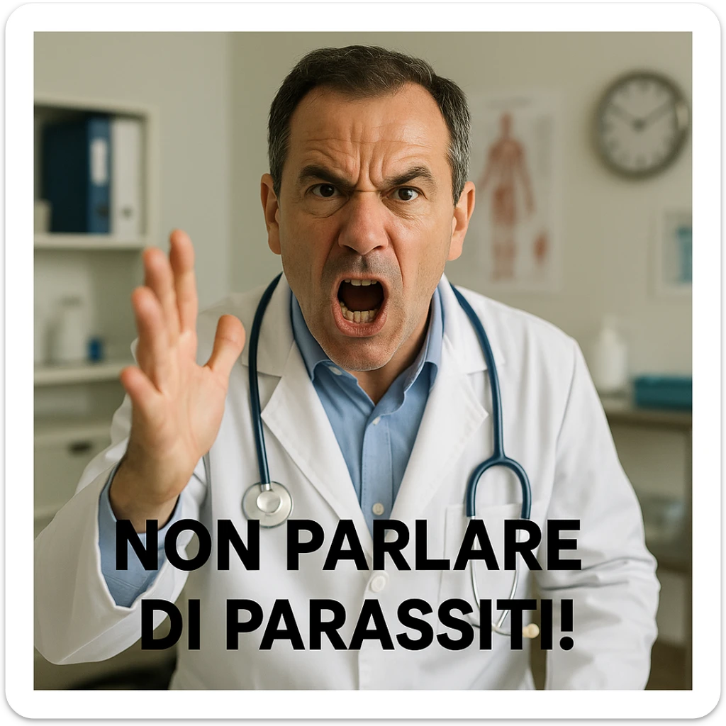 realistic image of an angry Italian doctor saying 'NON PARLARE DI PARASSITI!' with expressive gesture, medical setting sticker