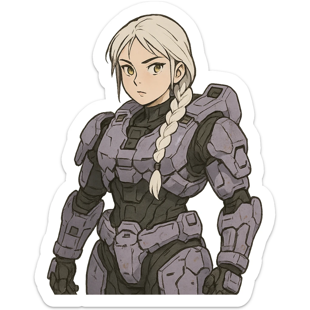 female, wearing reach spartan armor default, long white braid hair, gold yellow eyes, attention pose, halo series, no helmet, the armor is lavender color scheme, shoulder pad off. DDD bust size fitting. Punk gothic cyberpunk sticker