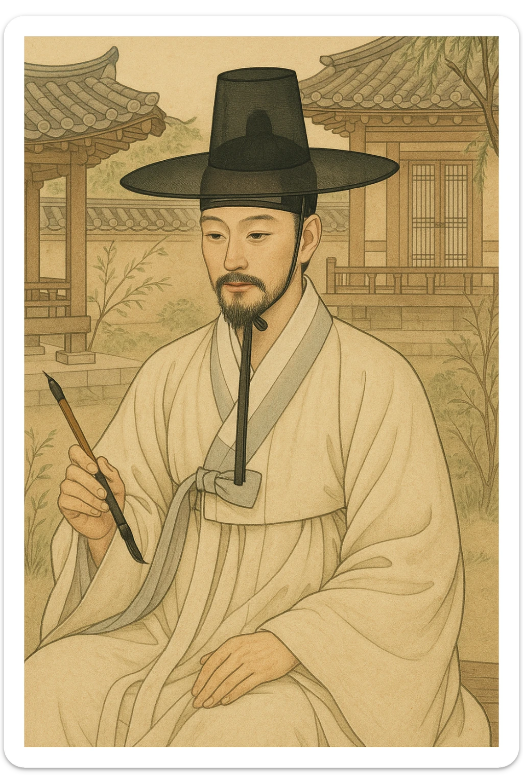 Joseon Dynasty scholar wearing a gat hat, holding a brush, Korean traditional atmosphere, neat hanbok attire sticker