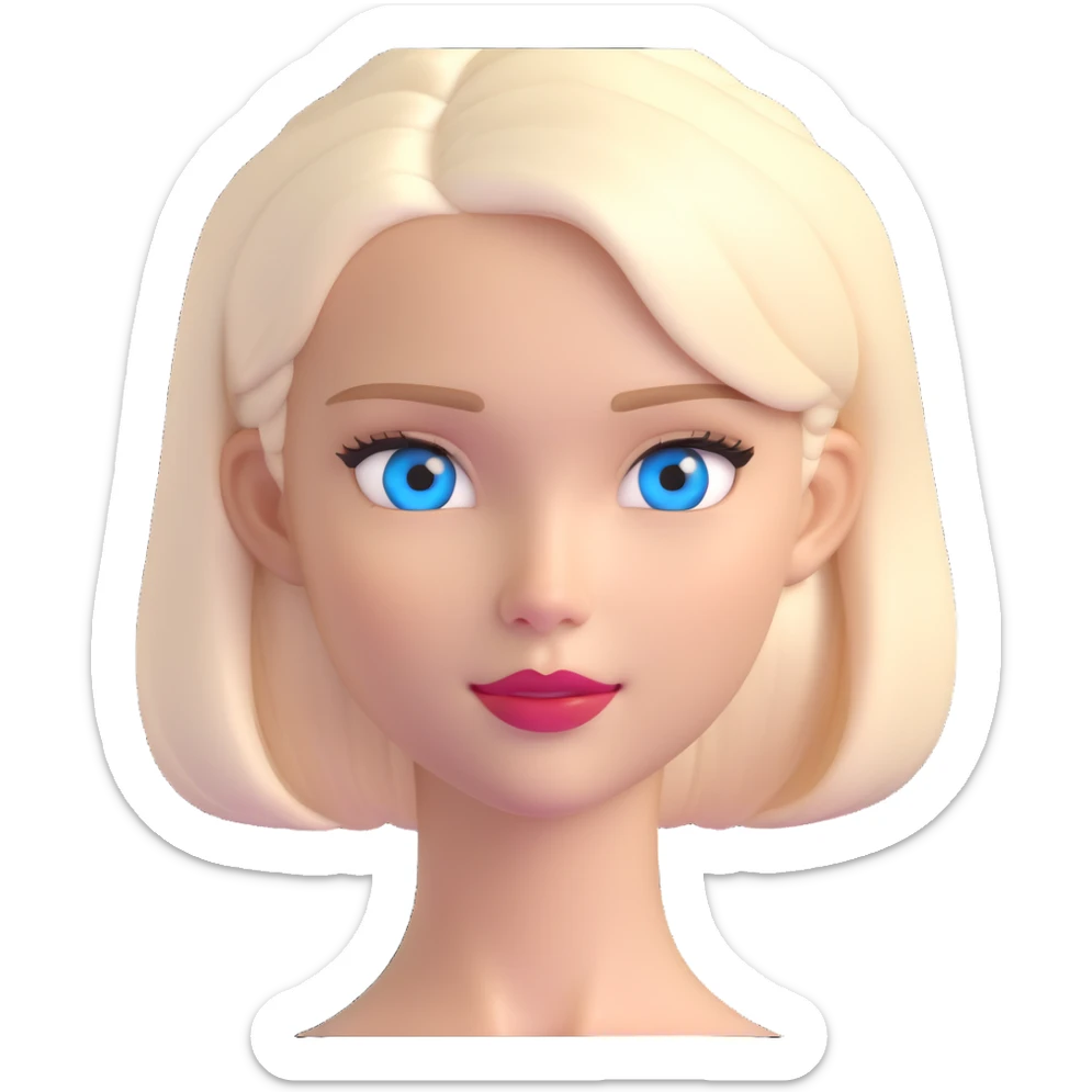 female emoji character resembling Sasha Luss with striking blue eyes, platinum blonde hair, elegant facial structure, poised expression sticker