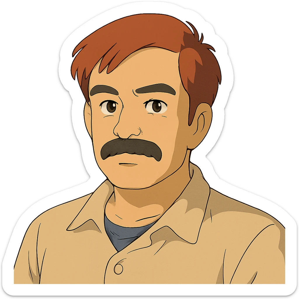 asian man with black mustache and red hair, 90's anime style portrait, ghibli style sticker