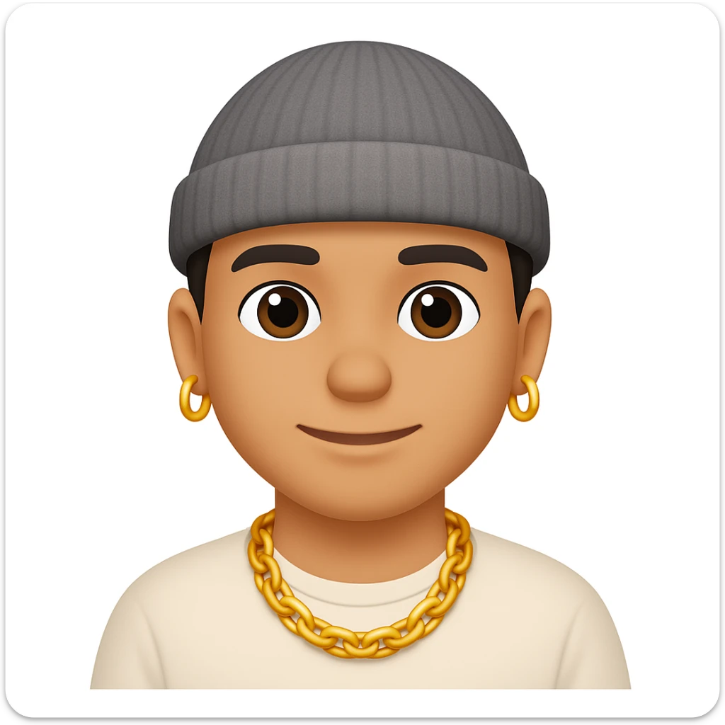 Create an image of a man with a gold chain and a beanie hat in the style of emoji style. The style should resemble emoji aesthetics with clear, simple, and colorful features. sticker