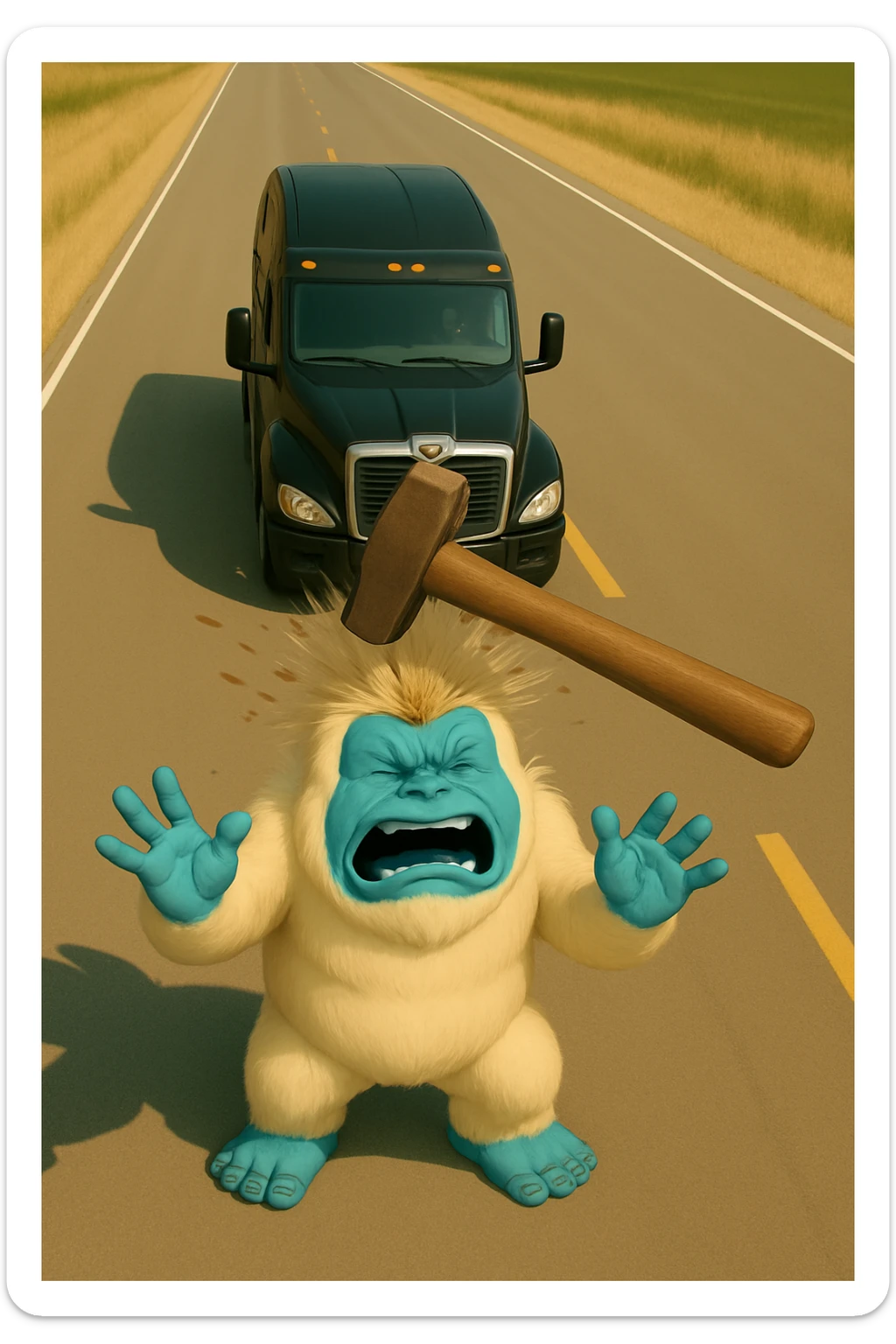 Increase the distance between the truck and the abominable snowman in a light and realistic scene. Show a hammer actively hitting the snowman from a top-down view. No text in the image. sticker