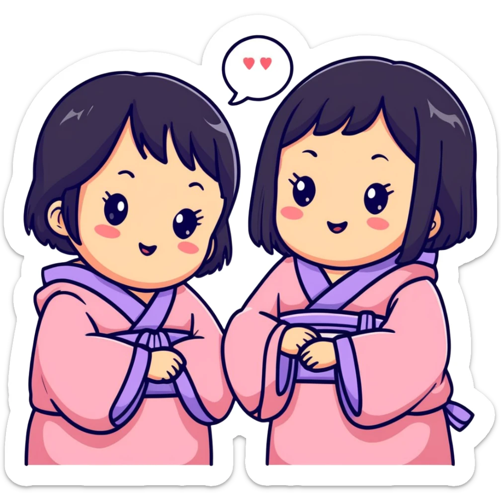 Two adorable Japanese girls with black hair and Asian features, their cheeks touching, kawaii style sticker