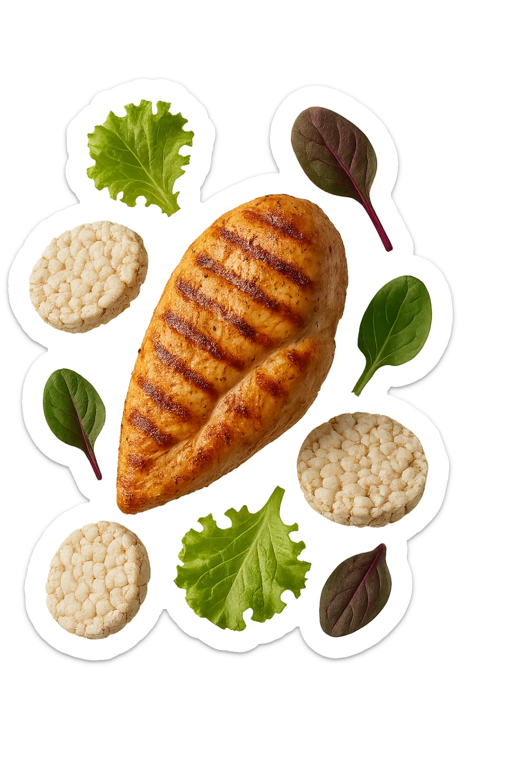 petto di pollo grigliato fluttua in aria insieme a gallette di riso e foglie di insalata, iperrealistico 4k sticker