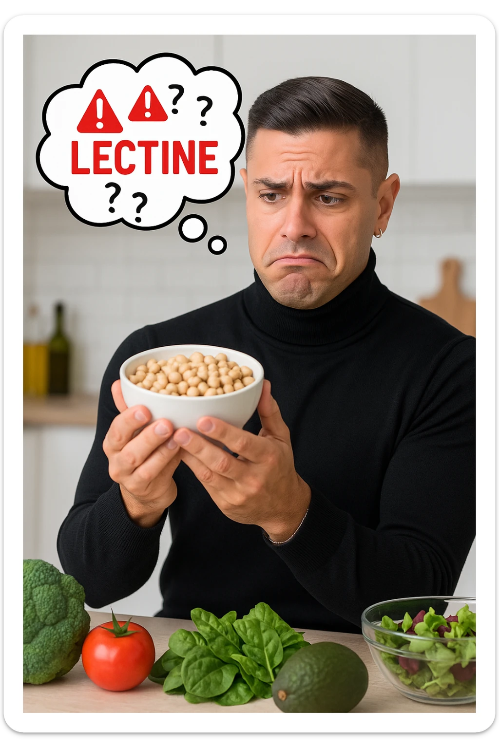un uomo in cucina tiene in mano una ciotola di legumi (come fagioli o ceci) e li osserva con un’espressione dubbiosa e leggermente preoccupata. Sopra la ciotola, una nuvoletta di pensiero mostra la parola “Lectine” evidenziata in rosso, insieme a simboli di allarme o punti interrogativi. Sullo sfondo, altri alimenti salutari sono visibili sul tavolo, sottolineando il suo scetticismo verso i legumi. sticker