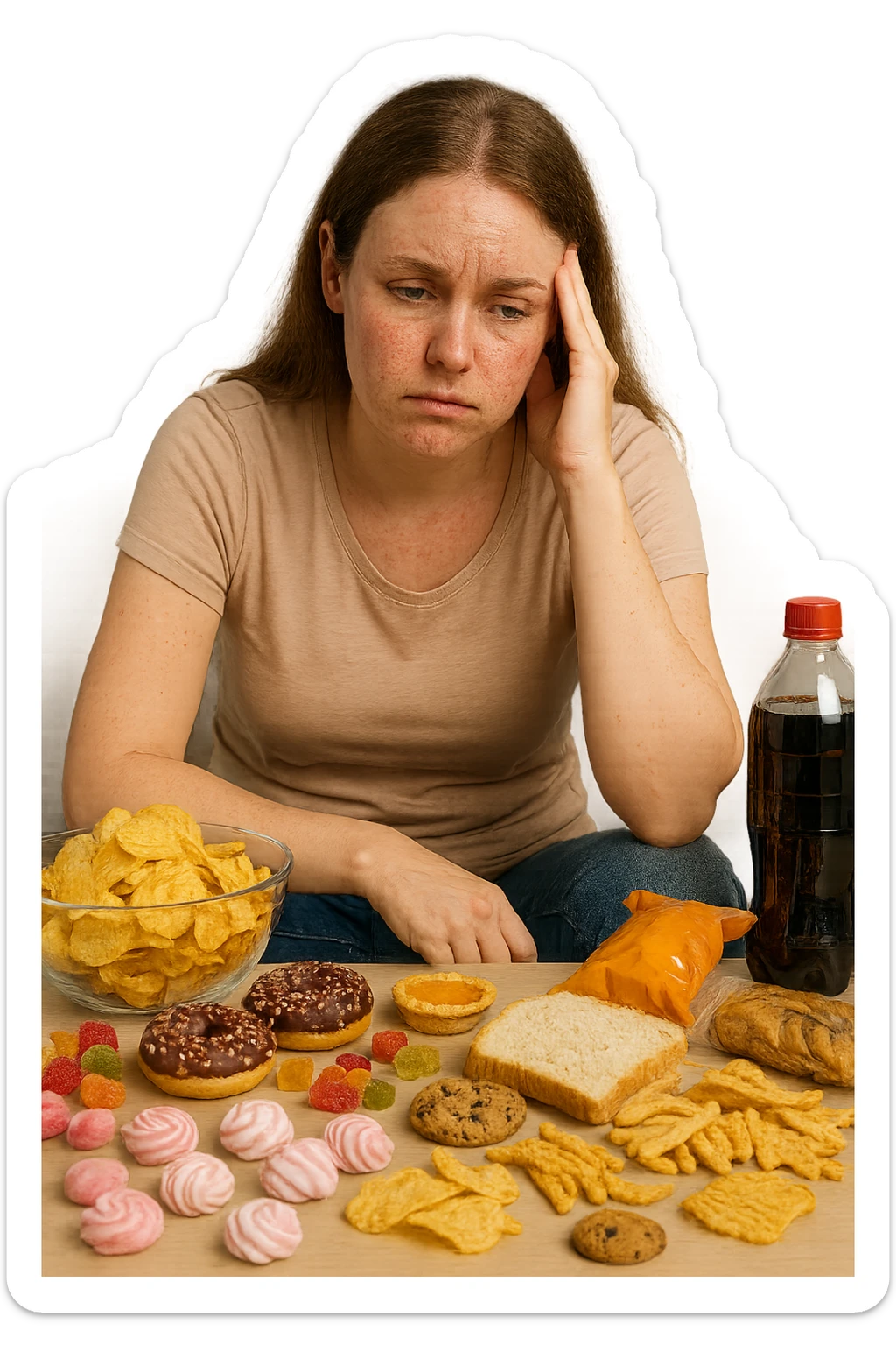 Donna tra i 25 e i 35 anni seduta sul divano o a un tavolo disordinato, circondata da cibi sparsi e poco sani: patatine, dolci, pane bianco, snack confezionati, bibite. con infiammazione e squilibri ormonali sticker