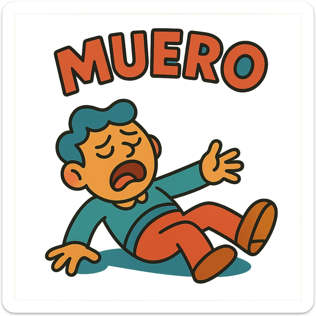 stylized dying little man with the word 'muoro', colorful cartoon style, soft lines, dramatic expression sticker