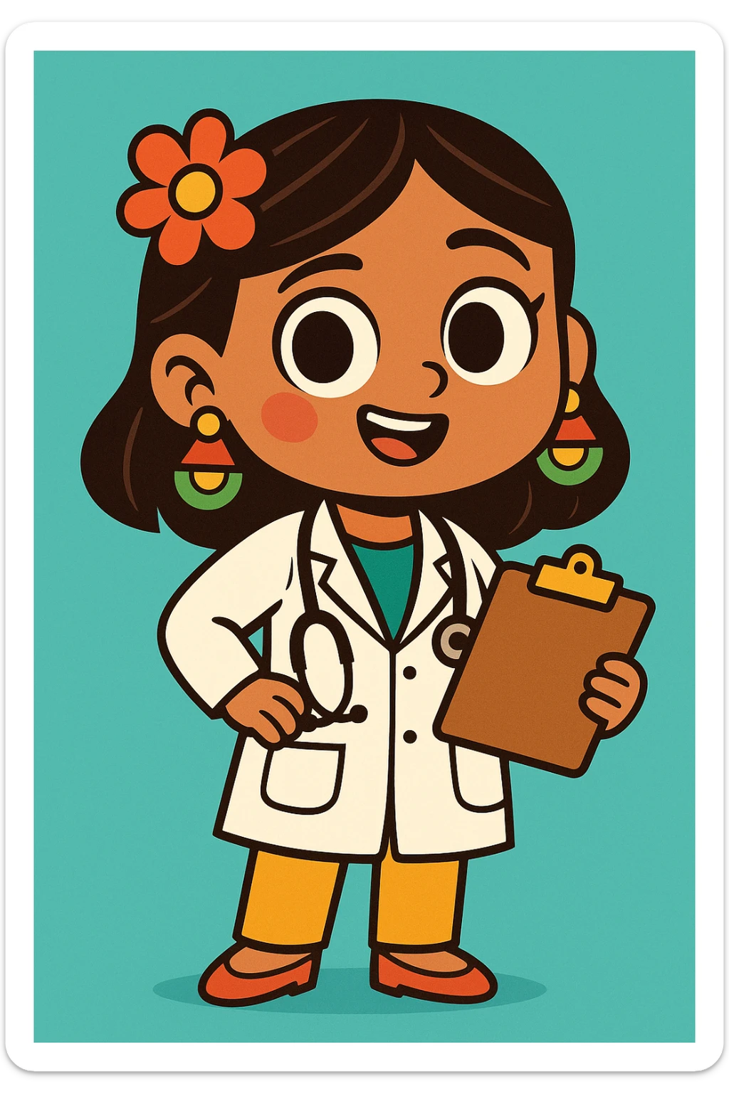 cute Mexican doctor girl, holding clipboard, wearing white coat, traditional Mexican earrings, big eyes, cartoon style sticker
