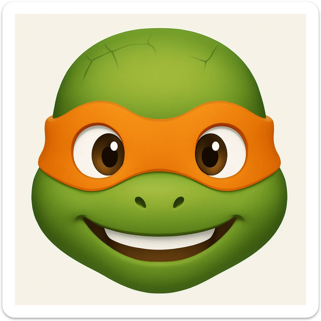 Donatello from Teenage Mutant Ninja Turtles, emoji style, head only, cute minimalistic style, with an orange bandana sticker