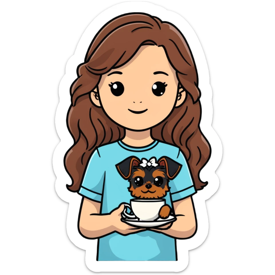 11 year old girl with freckles and long wavy brown hair, holding a teacup yorkie dog sticker