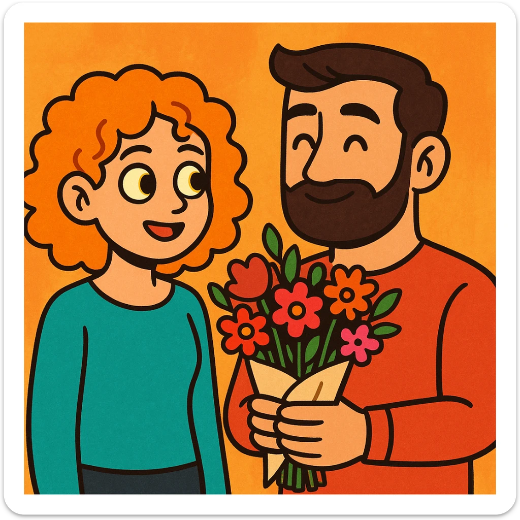 a curly haired girl with yellow eyes and hair parted from the right side, with a handsome bearded man holding a bouquet, cartoon, warm, and inviting sticker