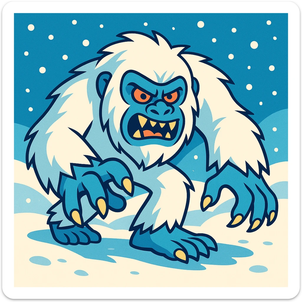 A Yeti creeping towards the viewer, snowy fur, menacing but cartoonish expression, visible claws, snowy background, dynamic pose sticker