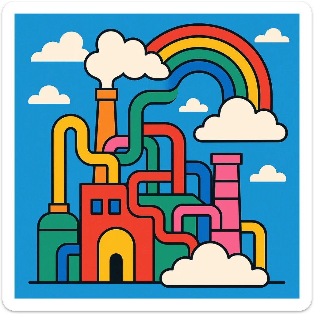 a whimsical rainbow factory with colorful pipes and clouds, vibrant and playful sticker