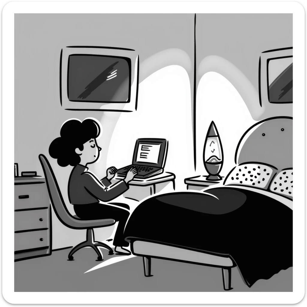 A bedroom lit by a lava lamp and an open laptop running early 2000s MSN Messenger

 sticker