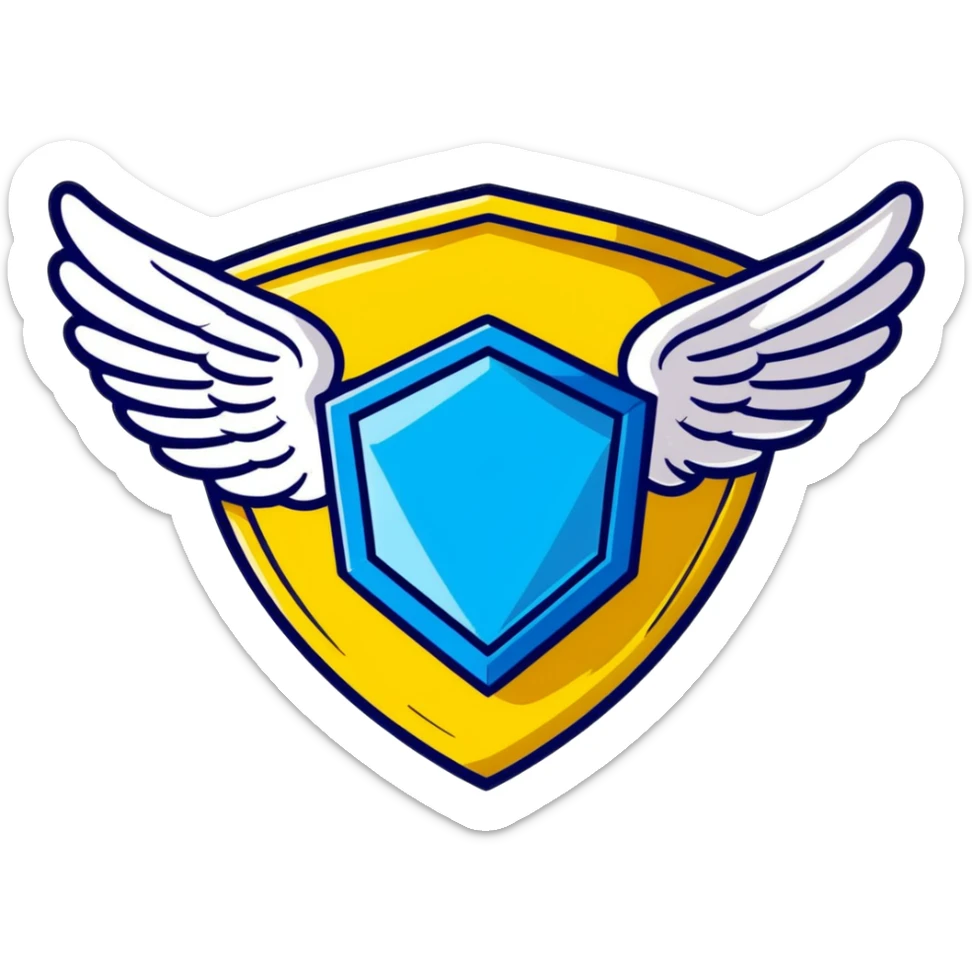 Premium shield badge with angel wings and a big shiny blue diamond in the center with VIP text sticker