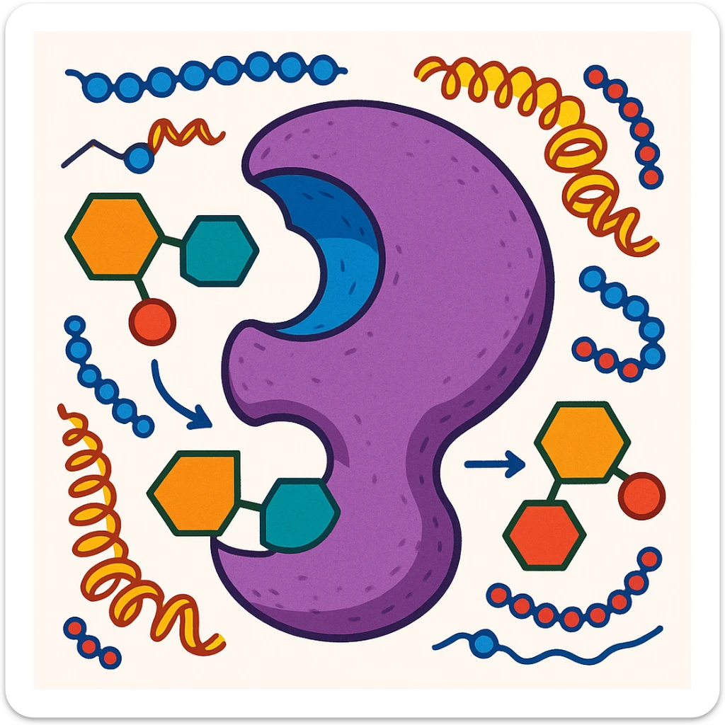 Ultra-detailed scientific illustration  (like in a school book) of enzyme digestion. Macro molecular view, clean white background, no text, no human figures or cartoon characters. Purely biological focus and really detailed and surrounding sticker