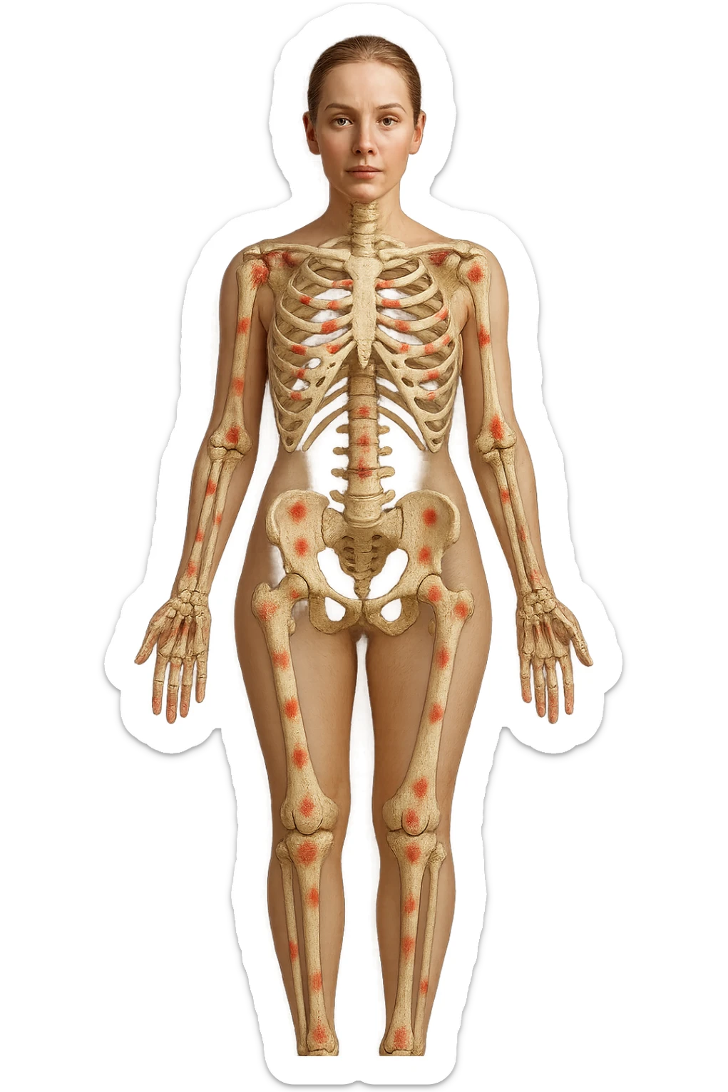 corpo umano anatomico di una donna affetta da fibromialgia, red spot sparsi sulle sue ossa, iperrealistica 4k sticker