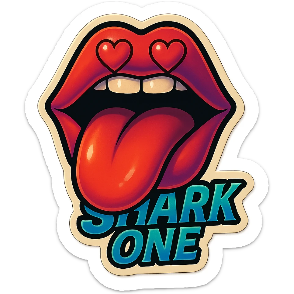 mouth open with tongue out heart shaped eye add the words “ Shark One " in White sticker