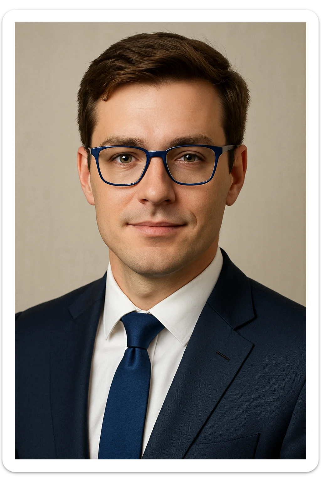 portrait of a young white man with brown hair, wearing blue-framed glasses and a business suit, exuding trust and respect, professional and confident expression sticker